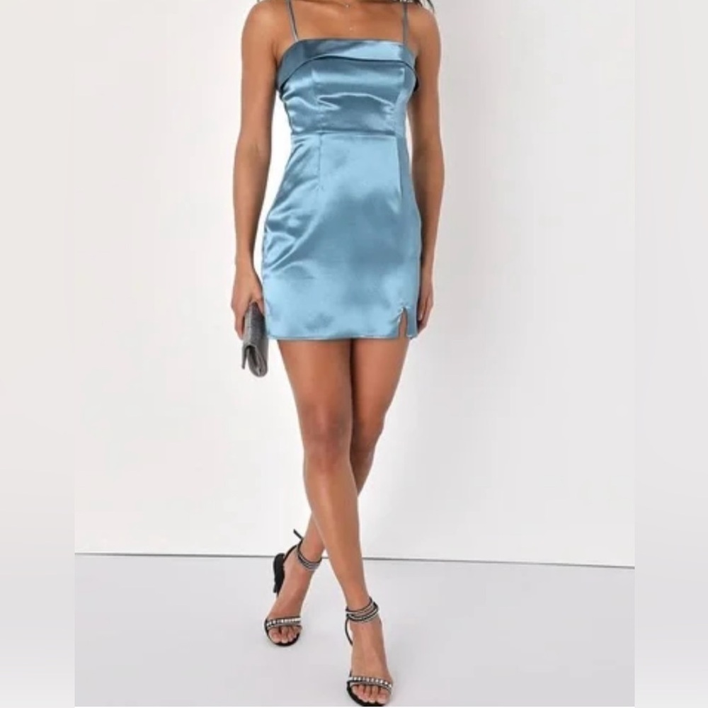 Lulu's Shimmering Blue Satin Body con Mini Dress NWT
